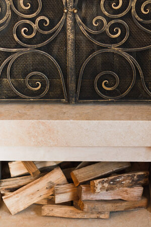Photo of fireplace  woodpile and grateの写真素材