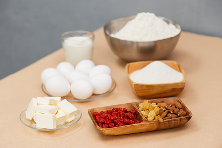 Ingridients for preparation of bakery dough on the crafted backgroundの写真素材