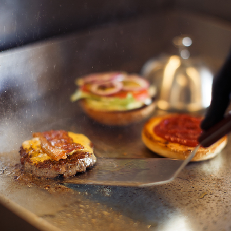 Bread for burger with meat, bacon and cheeseの写真素材
