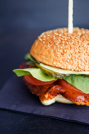 Close-up vegetarian burger with cheese on the black backgroundの写真素材