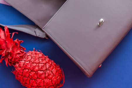 Fashion grey bag with red pineapple on the dark blue backgroundの写真素材