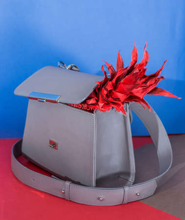 Fashion grey bag with red pineapple on the red and dark blue backgroundの写真素材