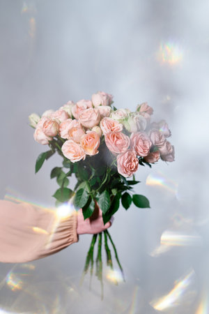 Woman hand in pink blouse holds a beautiful bouquet of pink rose flowers isolated on a gray background with light blurs. Bouquet of flowers for congratulationsの写真素材