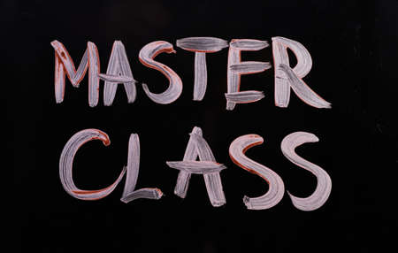 Text on glass Master Class made with paint. Inspirational message text to motivate online learning, educational art classes or remote studying. Black background. High quality photoの写真素材