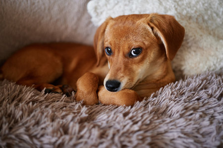 Adorable ginger puppy with lonely emotion lying on a fluffy blanket. Brown cute doggy resting on a bed. High quality photoの写真素材