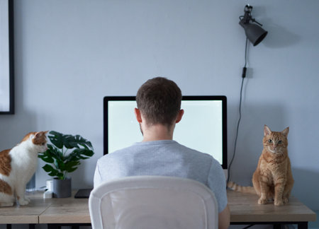 Cheerful male caucasian freelance software engineer sitting at working place in home office hardly working using computer with two tabby cats sitting on a table. Young developer man gray in t-shirtの写真素材