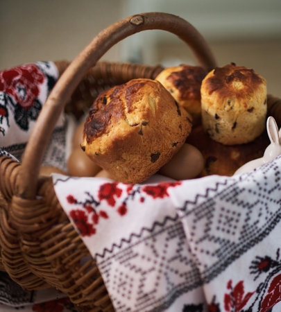 Easter cakes on the background of basket with embroidered towel. Ukrainian style High quality photo