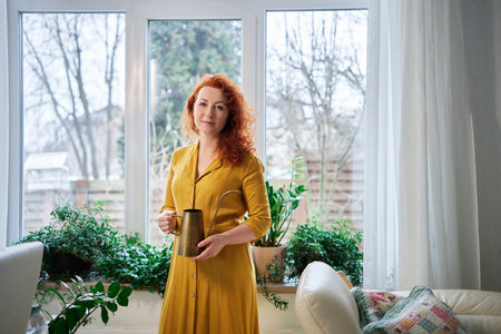 Caucasian redhead florist woman portrait at home with watering can and green plants on background. Florist, plants care and gardening concept. Female in yellow dress. High quality imageの写真素材