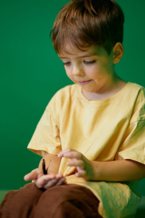 Butterfly concept: small kid enjoying nature at home looking at beautiful butterfly in boys hands. Love nature or positive emotion concept. High quality vertical photoの写真素材