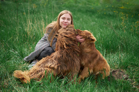 Cheerful pretty young woman sitting and hugging her dogs on the meadow . High quality photoの写真素材