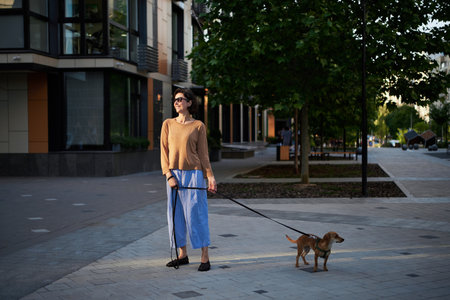 Young pretty female adult with small ginger dog in the bi city walking having fun. City view High quality photoの写真素材
