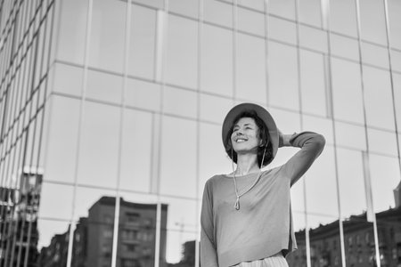 Melancholic beautiful portrait profile. Young adult in the sunglasses. Romantic affecting mood. High quality photoの写真素材