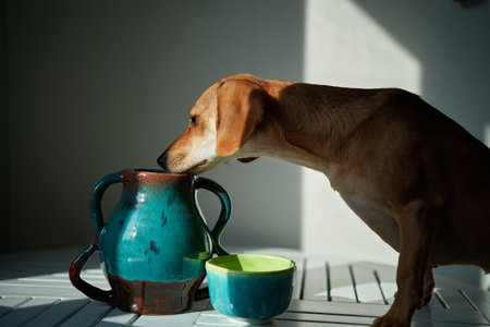Cute funny dog at table in kitchen, dachshund looking for food, funny kawai puppy. diet, stylish home, healthy lifestyle concept. flowers and fruits. idyllic picture, perfect vibe High quality photoの写真素材