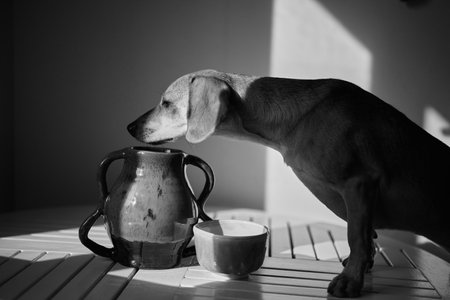 Cute funny dog at table in kitchen, dachshund looking for food, funny kawai puppy. diet, stylish home, healthy lifestyle concept. flowers and fruits. idyllic picture, perfect vibe High quality photoの写真素材
