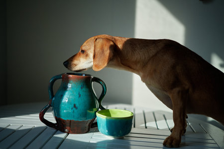 Cute funny dog at table in kitchen, dachshund looking for food, funny kawai puppy. diet, stylish home, healthy lifestyle concept. flowers and fruits. idyllic picture, perfect vibe High quality photoの写真素材