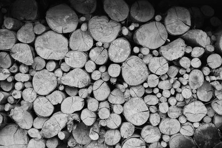 Log spruce trunks pile. Sawn trees from the forest. Logging timber wood industry. Cut trees along a road prepared for removal. High quality photoの写真素材