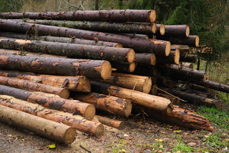 Log spruce trunks pile. Sawn trees from the forest. Logging timber wood industry. Cut trees along a road prepared for removal. High quality photoの写真素材