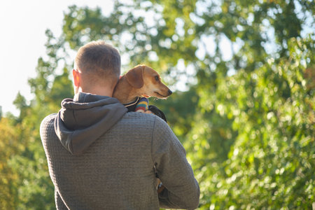 man with his cute puppy in a sweater in the park training, feeding, smiling. Spring, summer, autumn handsome man having fun with his dog outdoor. Space for text. High quality photoの写真素材