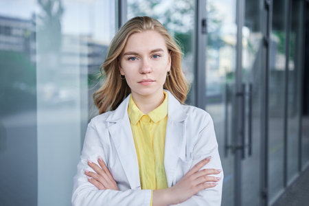 Positive female medical student in white uniform standing near clinic entrance and looking at camera smiling. Beautiful young blond doctor, veterinarian High quality photoの写真素材