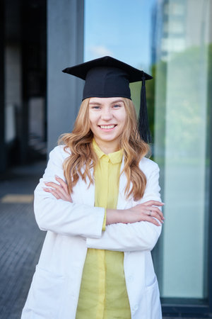 Young blond female in medical uniform and graduation cap looking at the camera and smiling. Standing...
