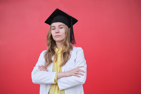 Young blond female in medical uniform and graduation cap looking at the camera and smiling. Standing on red the background, happy to finish studying in healthcare or veterinary. High quality photoの写真素材