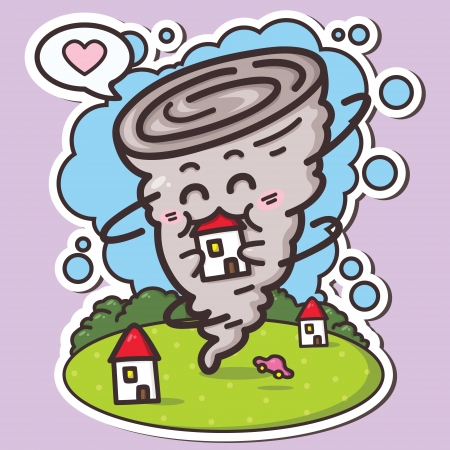 vector illustration of kawaii tornadoes which is eating houseのイラスト素材
