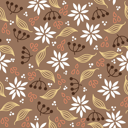 cute nature pattern Vector Seamless pattern with leaves, flowers, drops and branchesのイラスト素材