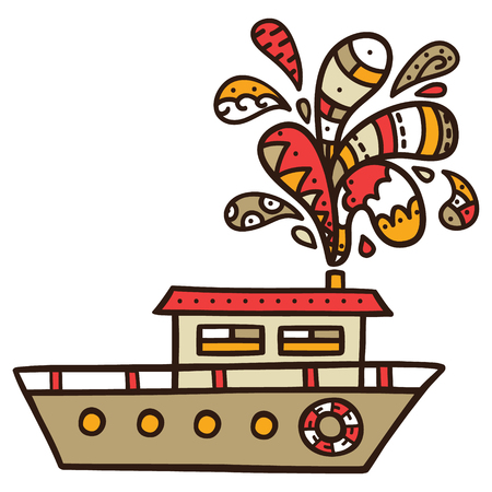 funny ship. Vector illustration of cute ship with doodle dropsのイラスト素材
