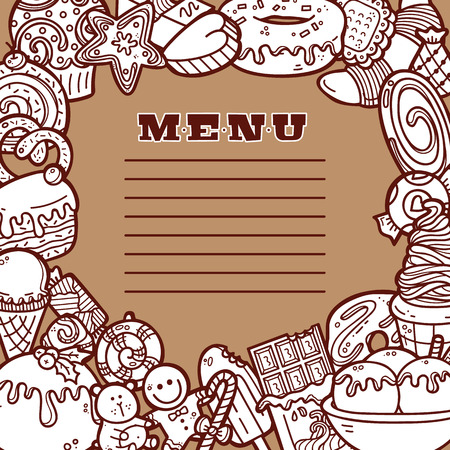 Sweet menu. Vector  cartoon hand drawn brochure template for menu with sweets . Cutting of sweets made by clipping maskのイラスト素材