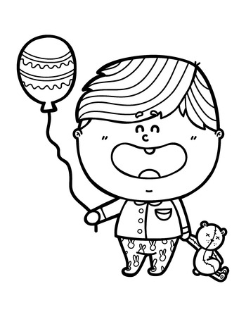 funny Boy. Vector illustration coloring page of happy cartoon friendly Baby boy holding a balloon and bear for children and scrap bookのイラスト素材