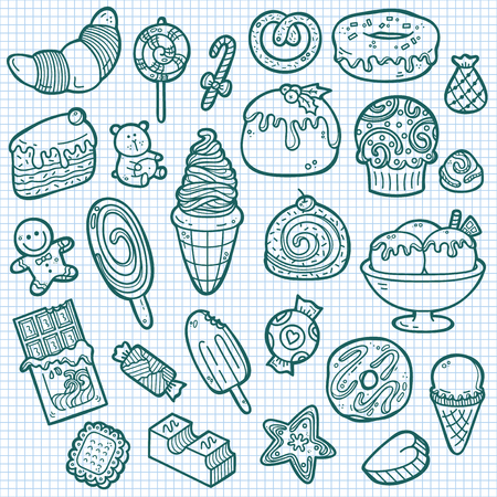cute sweets icons. vector doodle collection of hand drawn sweets iconsのイラスト素材