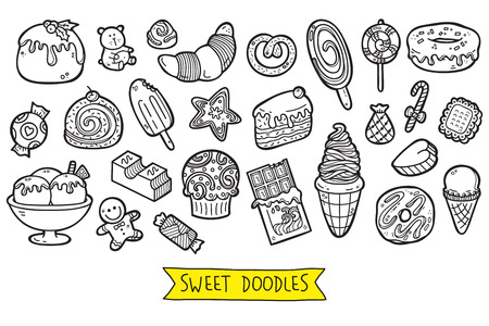 cute sweets icons. vector doodle collection of hand drawn sweets iconsのイラスト素材