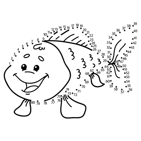 dot to dot fish game. Vector illustration of dot to dot puzzle with happy cartoon fish for childrenのイラスト素材
