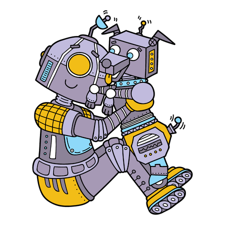 Cute robots. Vector illustration of cute cartoon robot character with dogのイラスト素材