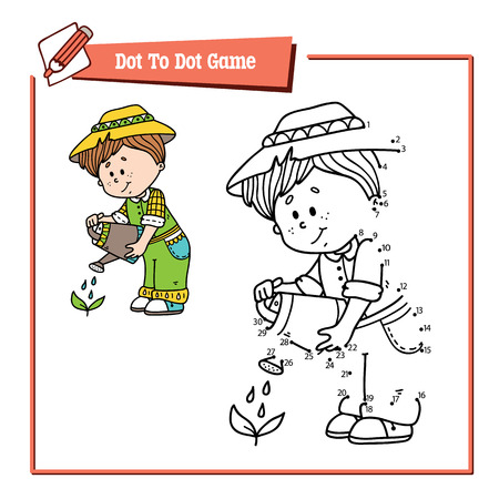 dot to dot gardener game. Vector illustration of dot to dot puzzle with happy cartoon gardener for childrenのイラスト素材