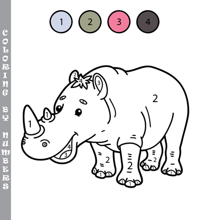 funny coloring by numbers game. Vector illustration coloring by numbers game of cartoon rhino for kidsのイラスト素材
