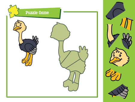 cute puzzle game. Vector illustration of puzzle game with happy cartoon ostrich for childrenのイラスト素材