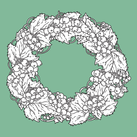 Cute viburnum wreath. Vector hand drawn illustration of cute viburnum wreath for children or for adult anti stress coloring book, invitation cardのイラスト素材