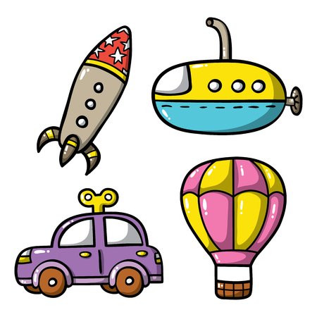 doodle transportation icons set. Vector illustration of funny icons set: doodle rocket, doodle car, doodle submarine and hot air balloon.Good for baby shower and baby boy stickerのイラスト素材
