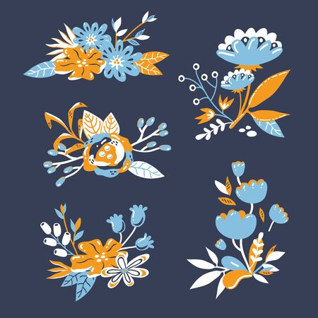 vector set of pre-made bouquets with doodle hand drawn elements: branches, flowers, leaves, berriesのイラスト素材