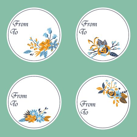 vector set of stickers with bouquets of hand drawn elements: branches, flowers, leaves, berries. Can be used as sticker, tag, card, label, invitationのイラスト素材