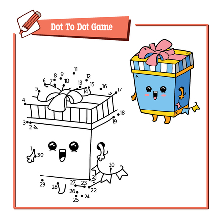 Vector illustration of dot to dot educational puzzle game with happy cartoon gift box for childrenのイラスト素材