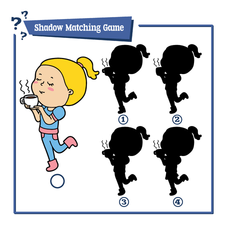 Vector illustration of educational shadow matching game of girl character with cup of coffee or tea for childrenのイラスト素材