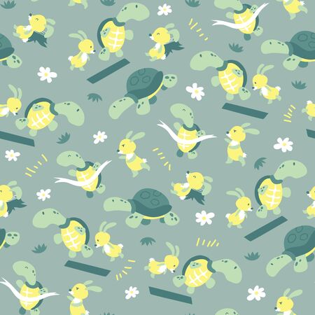 Seamless vector pattern with turtle and rabbitのイラスト素材