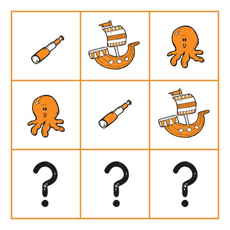 Vector educational game What comes next? with hand drawn doodles of sea objectsのイラスト素材
