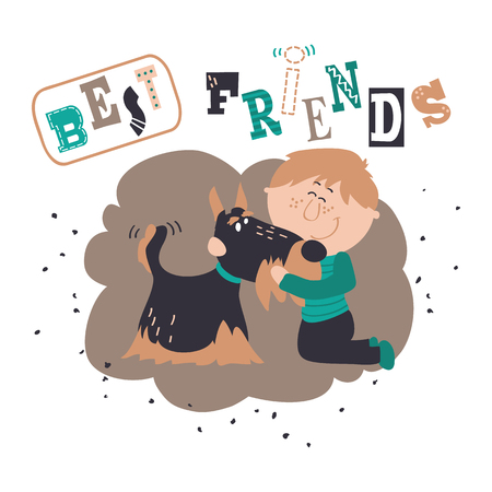 Vector print of boy with his dog and lettering best friendsのイラスト素材