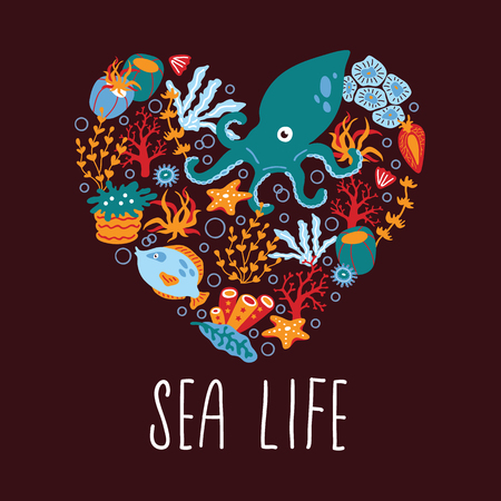 Vector hand drawn heart print with sea animals and plantsのイラスト素材