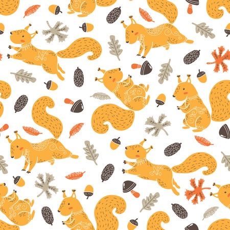Vector seamless background with ornate baby squirrelsのイラスト素材