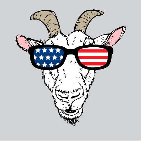 Vector illustration of hipster print with hand drawn goat in glasses with American flag.のイラスト素材