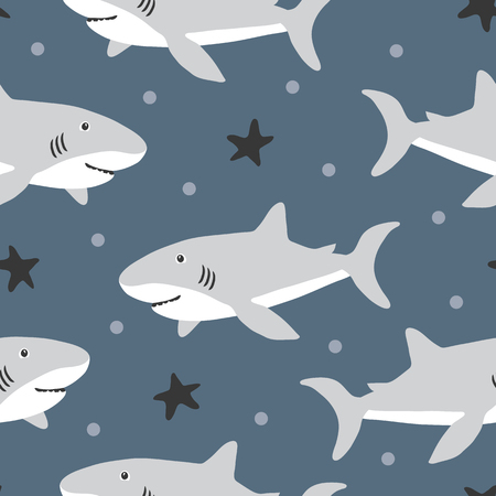 vector seamless background pattern with funny baby sharks for fabric, textileのイラスト素材